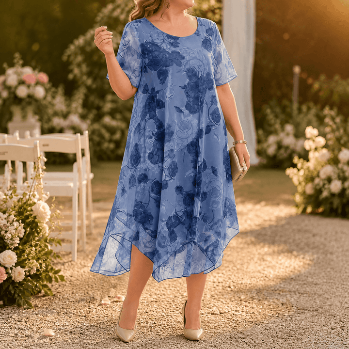 Florenza – Women's Layered Chiffon Floral Dress dusty blue