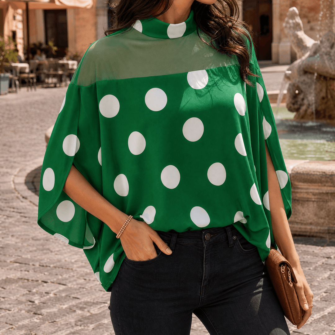 Florenza – Women's Mesh Yoke Batwing Blouse Green Polka Dot / S
