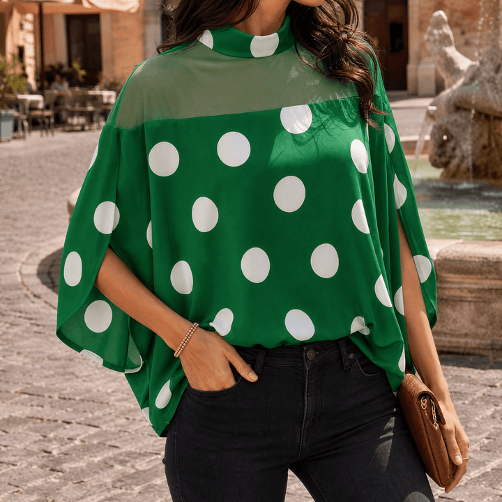 Florenza – Women's Mesh Yoke Batwing Blouse Green Polka Dot / S