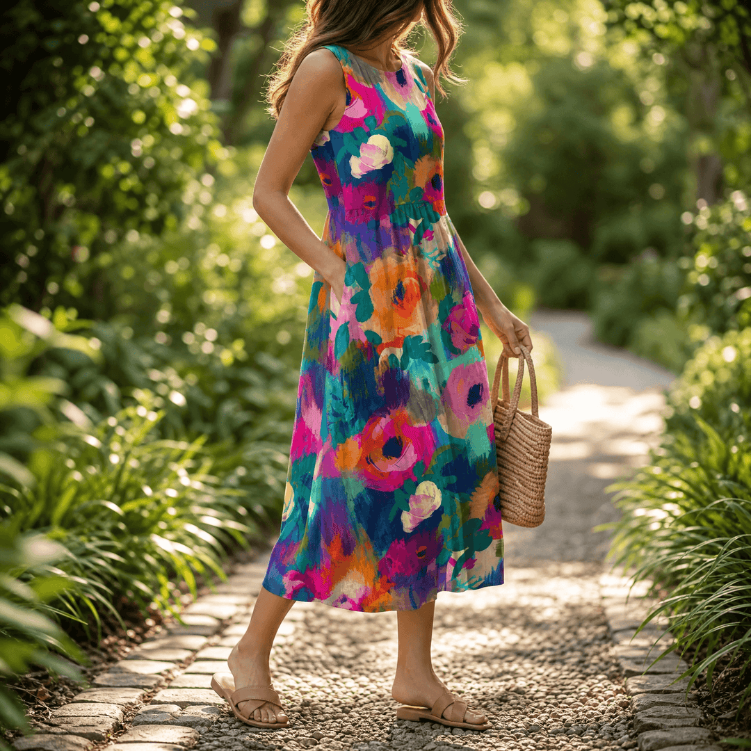 Florenza – Women's Painterly Floral Midi Dress Multicolored