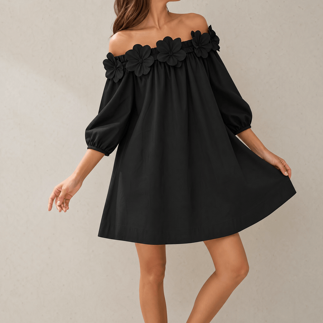 Florenza – Women's Sculpted Rose Off-Shoulder Dress classic black