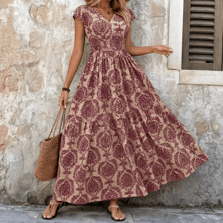 Florenza – Women's Smocked Floral Maxi Dress Burgundy