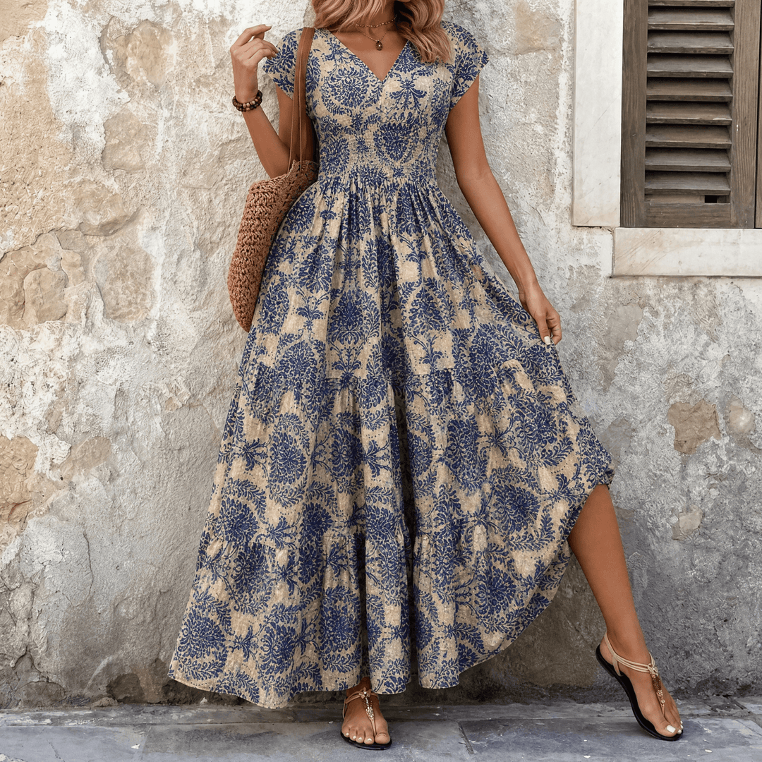 Florenza – Women's Smocked Floral Maxi Dress Navy Blue