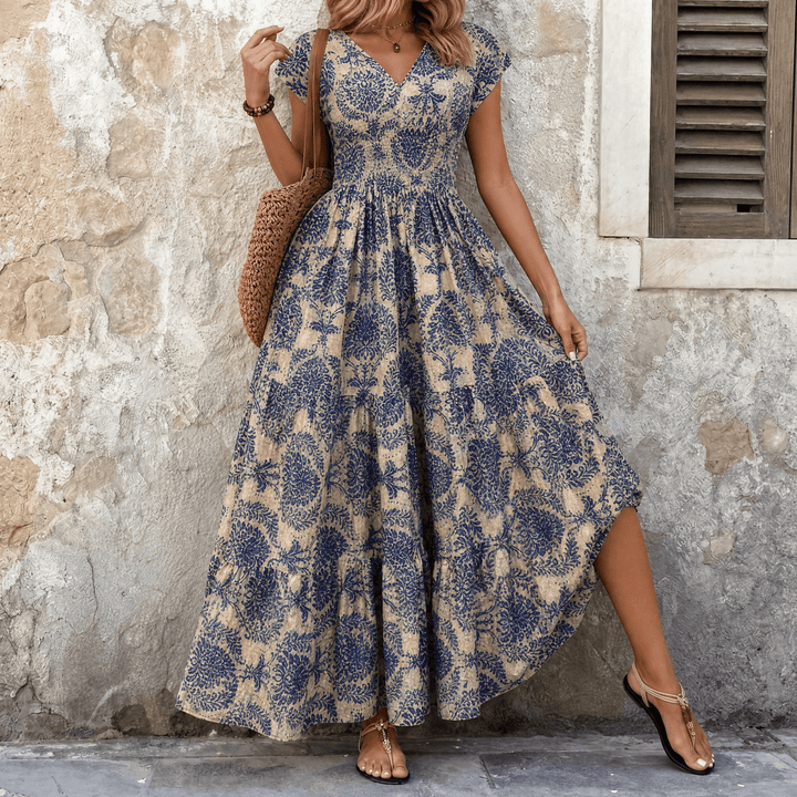 Florenza – Women's Smocked Floral Maxi Dress Navy Blue