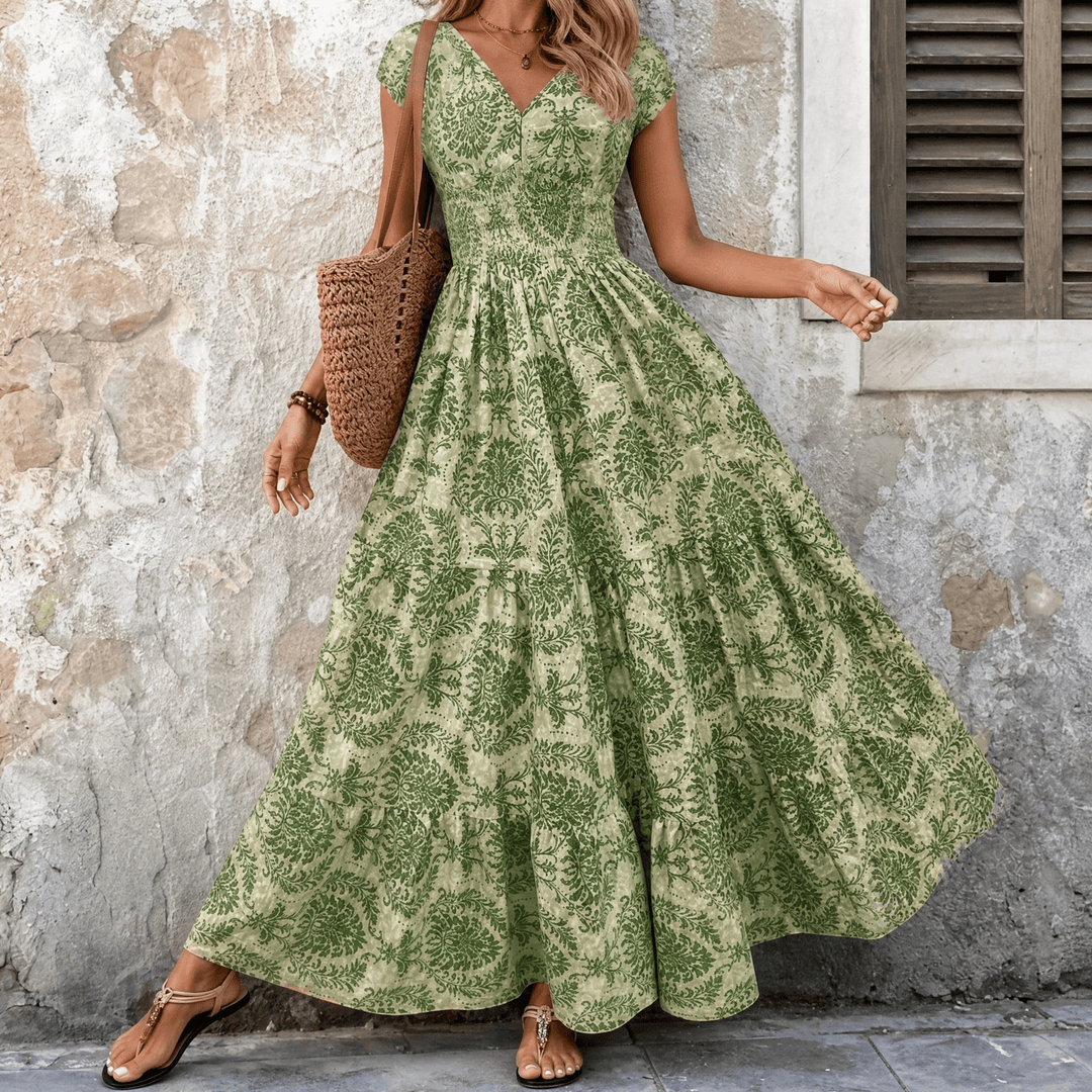 Florenza – Women's Smocked Floral Maxi Dress Sage Green