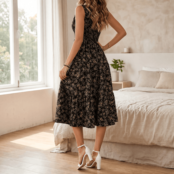 Florenza – Women's Smocked Floral Midi Dress Black Floral