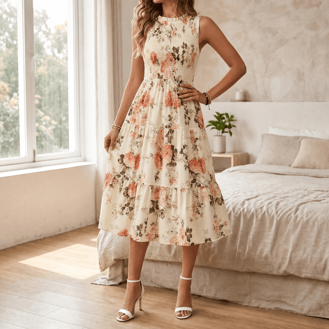 Florenza – Women's Smocked Floral Midi Dress Cream Peach Rose