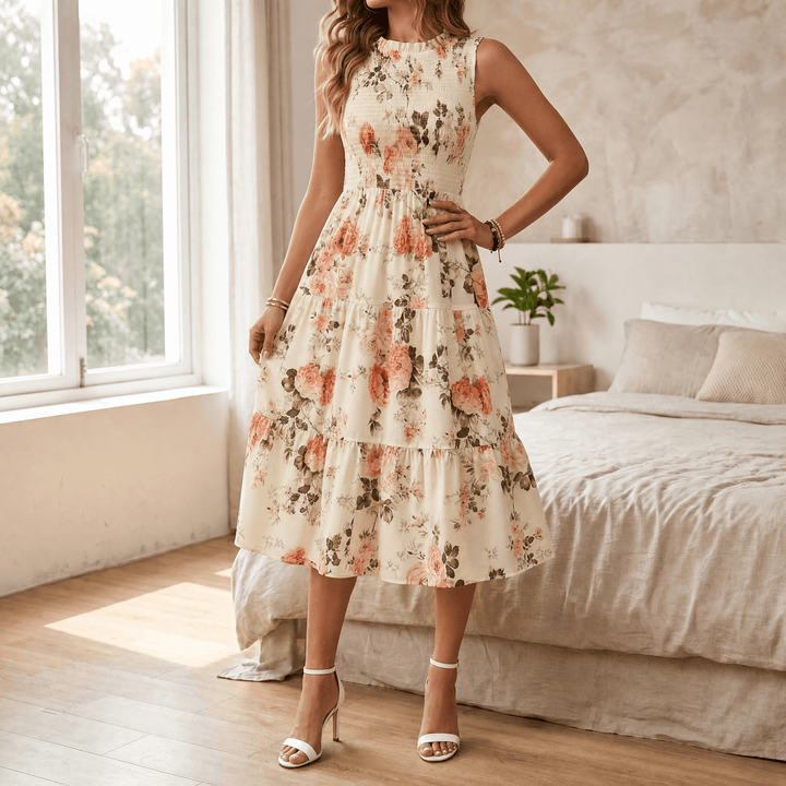 Florenza – Women's Smocked Floral Midi Dress Cream Peach Rose