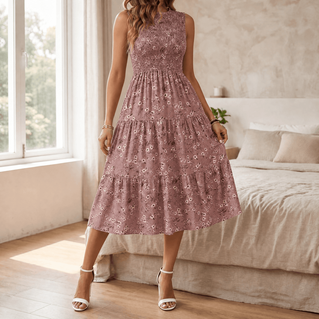 Florenza – Women's Smocked Floral Midi Dress Dusty Pink