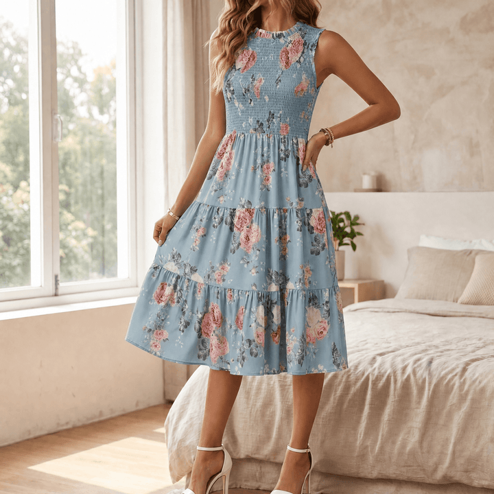 Florenza – Women's Smocked Floral Midi Dress Powder Blue