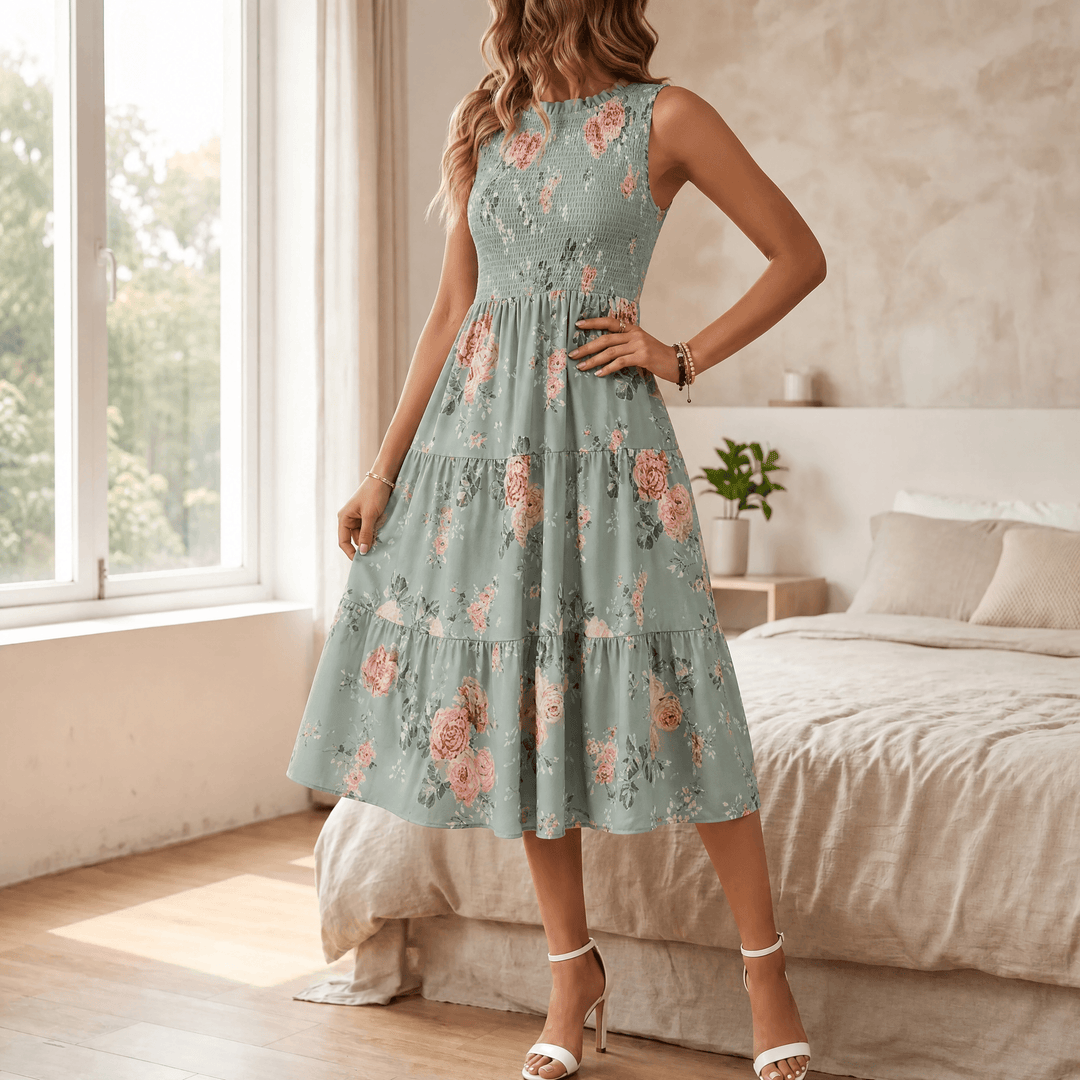 Florenza – Women's Smocked Floral Midi Dress Sage Green