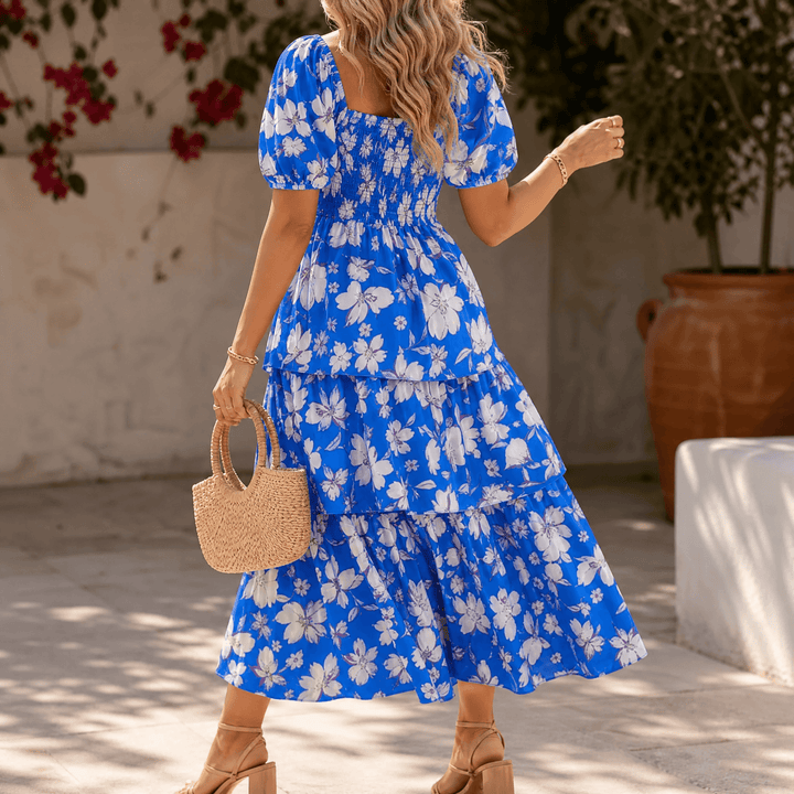 Florenza – Women's Smocked Square-Neck Floral Maxi Dress Cobalt