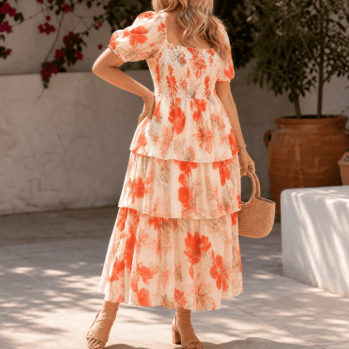 Florenza – Women's Smocked Square-Neck Floral Maxi Dress Coral