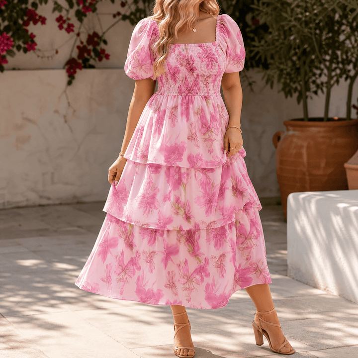 Florenza – Women's Smocked Square-Neck Floral Maxi Dress Soft Pink