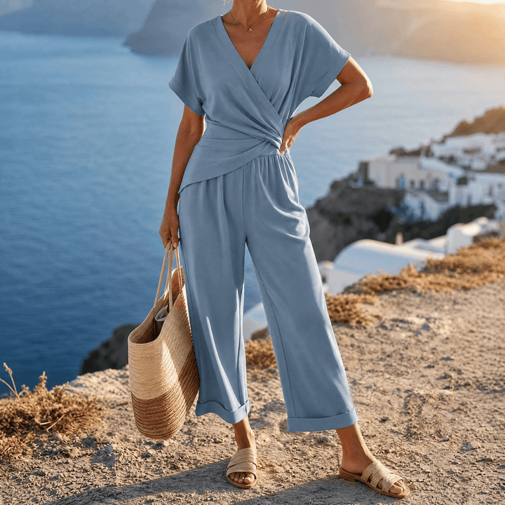 Florenza – Women's Wrap-Front Two-Piece Set Dusty Blue / S