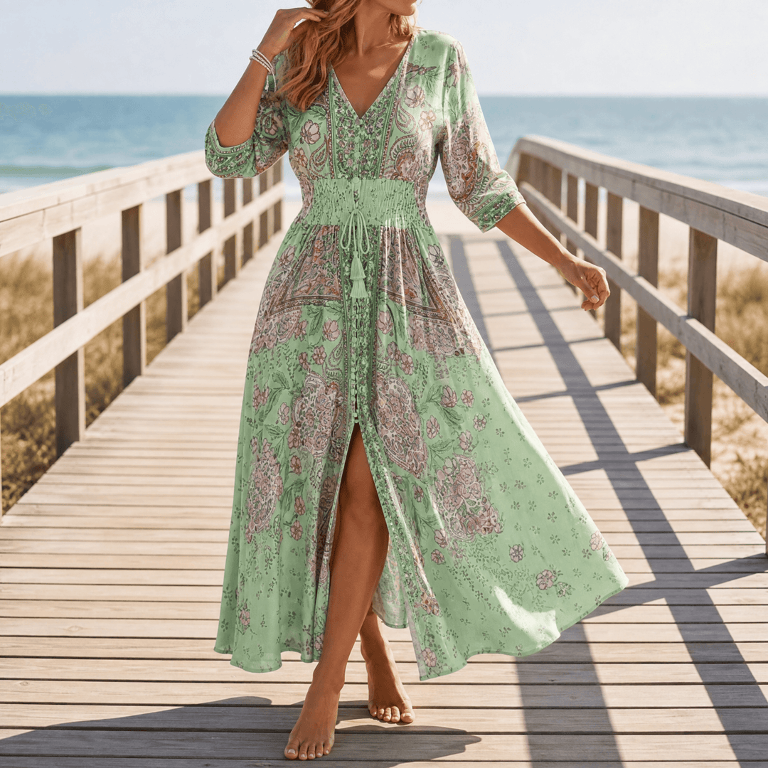 Floressa – Flowy Floral V Neck Maxi Dress green