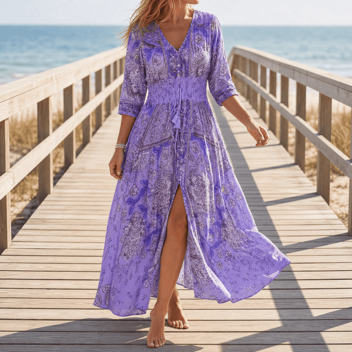 Floressa – Flowy Floral V Neck Maxi Dress purple