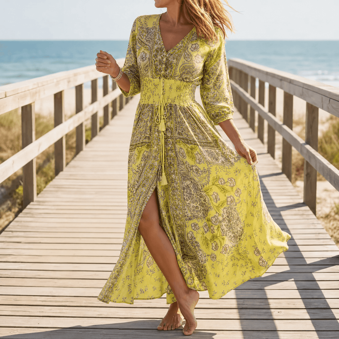 Floressa – Flowy Floral V Neck Maxi Dress yellow