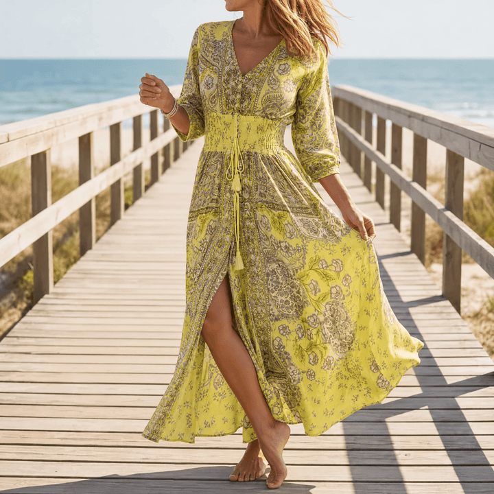 Floressa – Flowy Floral V Neck Maxi Dress yellow