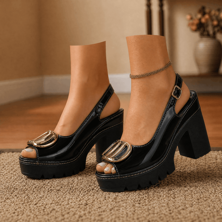 Floressa – Statement Buckle Platform Heeled Sandals Black / 5