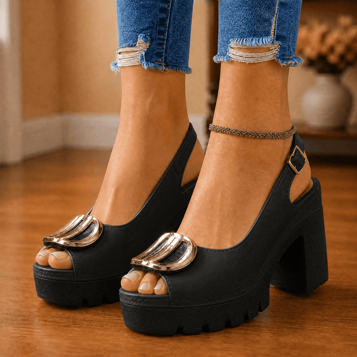 Floressa – Statement Buckle Platform Heeled Sandals Black