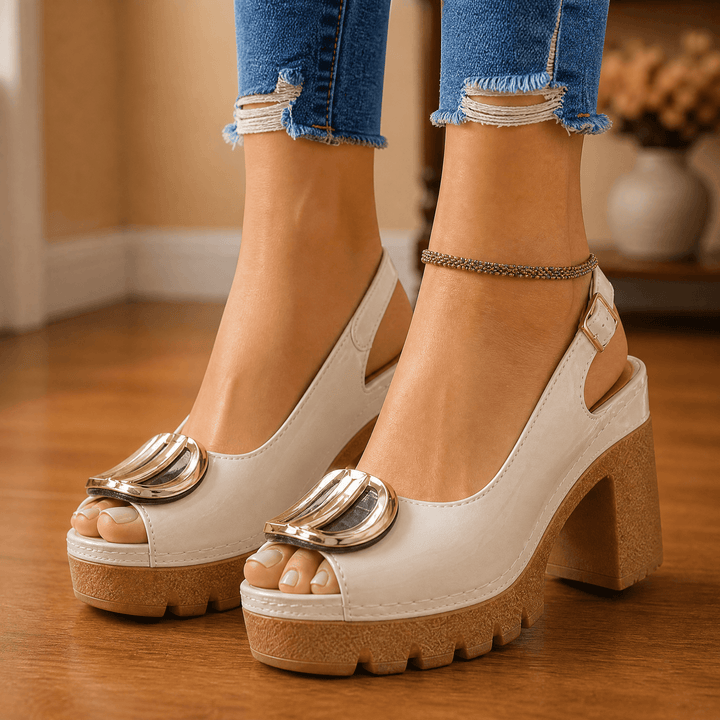 Floressa – Statement Buckle Platform Heeled Sandals Off White / 5