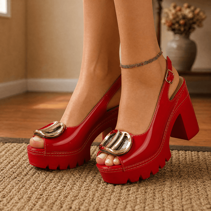 Floressa – Statement Buckle Platform Heeled Sandals Red / 5