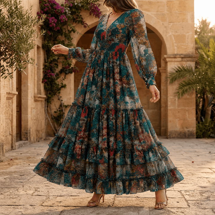 Floressa – Women's Tiered Floral Maxi Dress with Lantern Sleeves Dark Green Floral