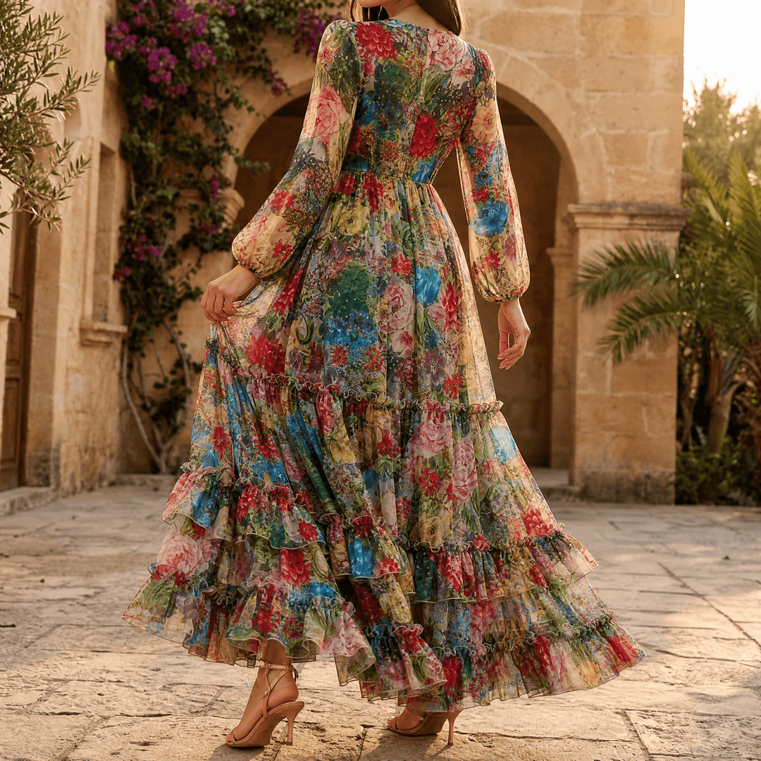 Floressa – Women's Tiered Floral Maxi Dress with Lantern Sleeves Multicolored Floral
