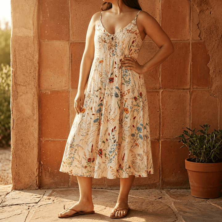Floressa – Women's Wildflower A-Line Midi Sundress apricot wildflower