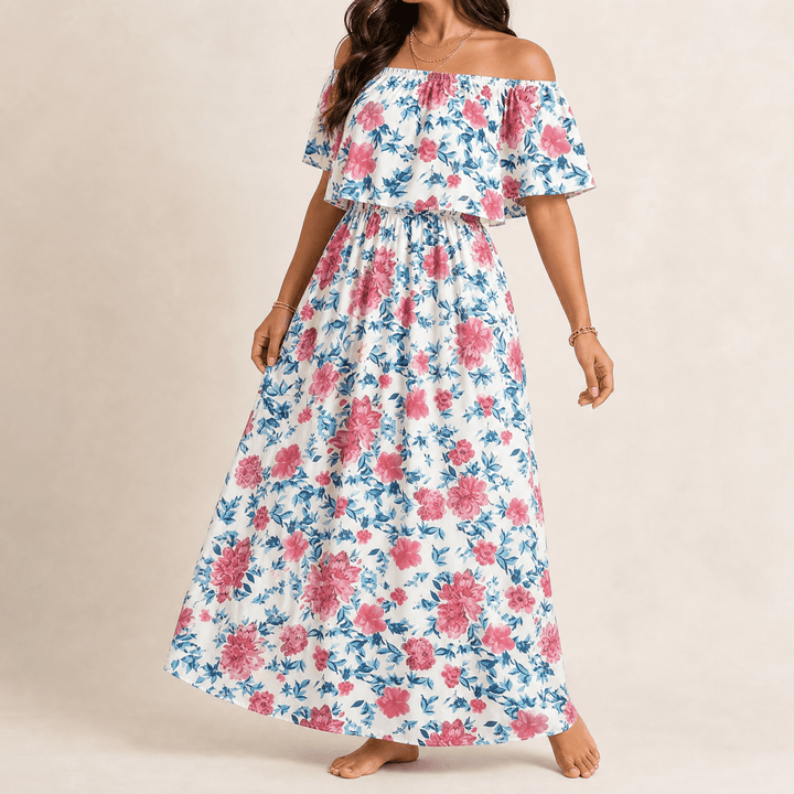 Florevia – Women's Off-Shoulder Floral Maxi Dress with Pockets pink