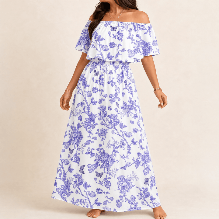 Florevia – Women's Off-Shoulder Floral Maxi Dress with Pockets purple