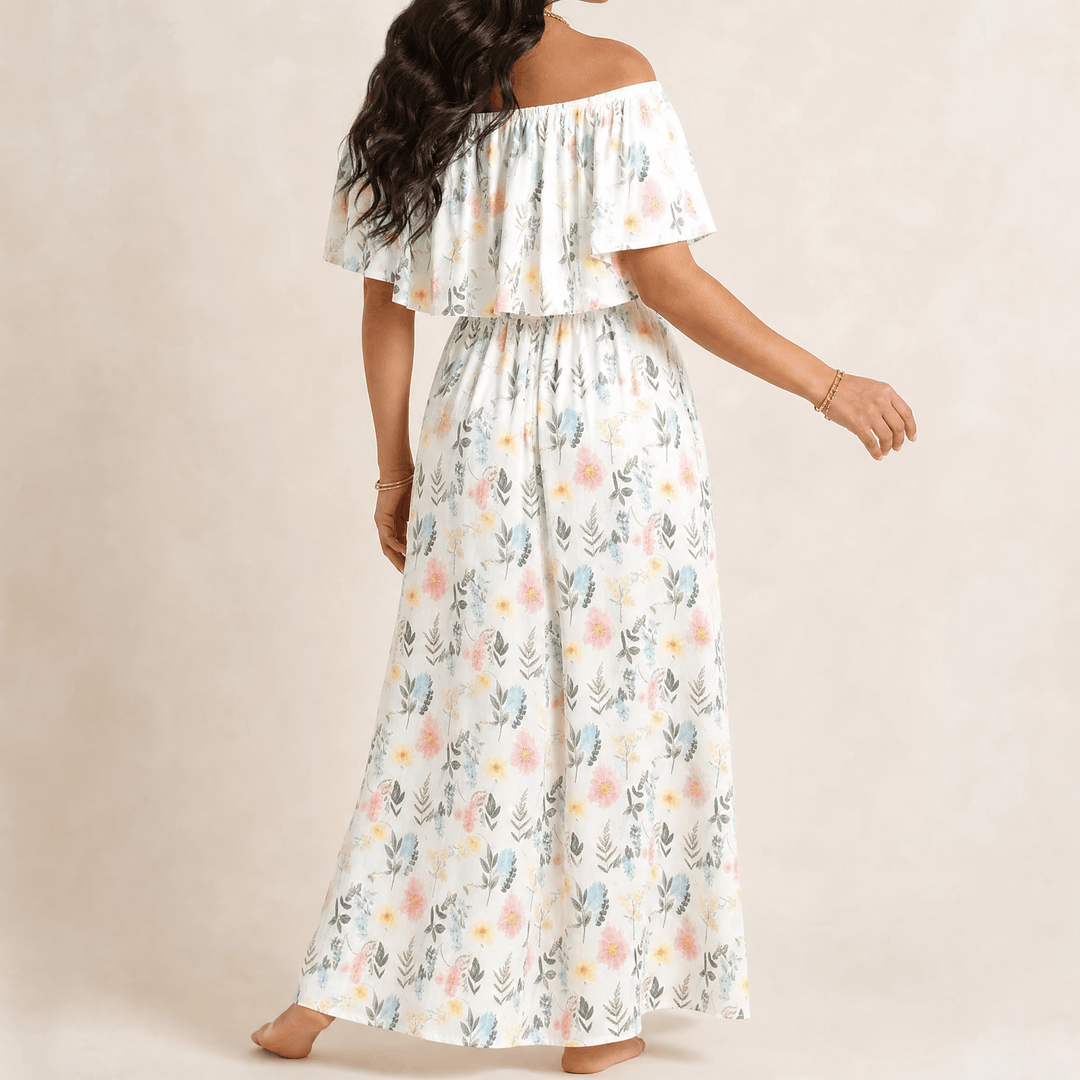 Florevia – Women's Off-Shoulder Floral Maxi Dress with Pockets white