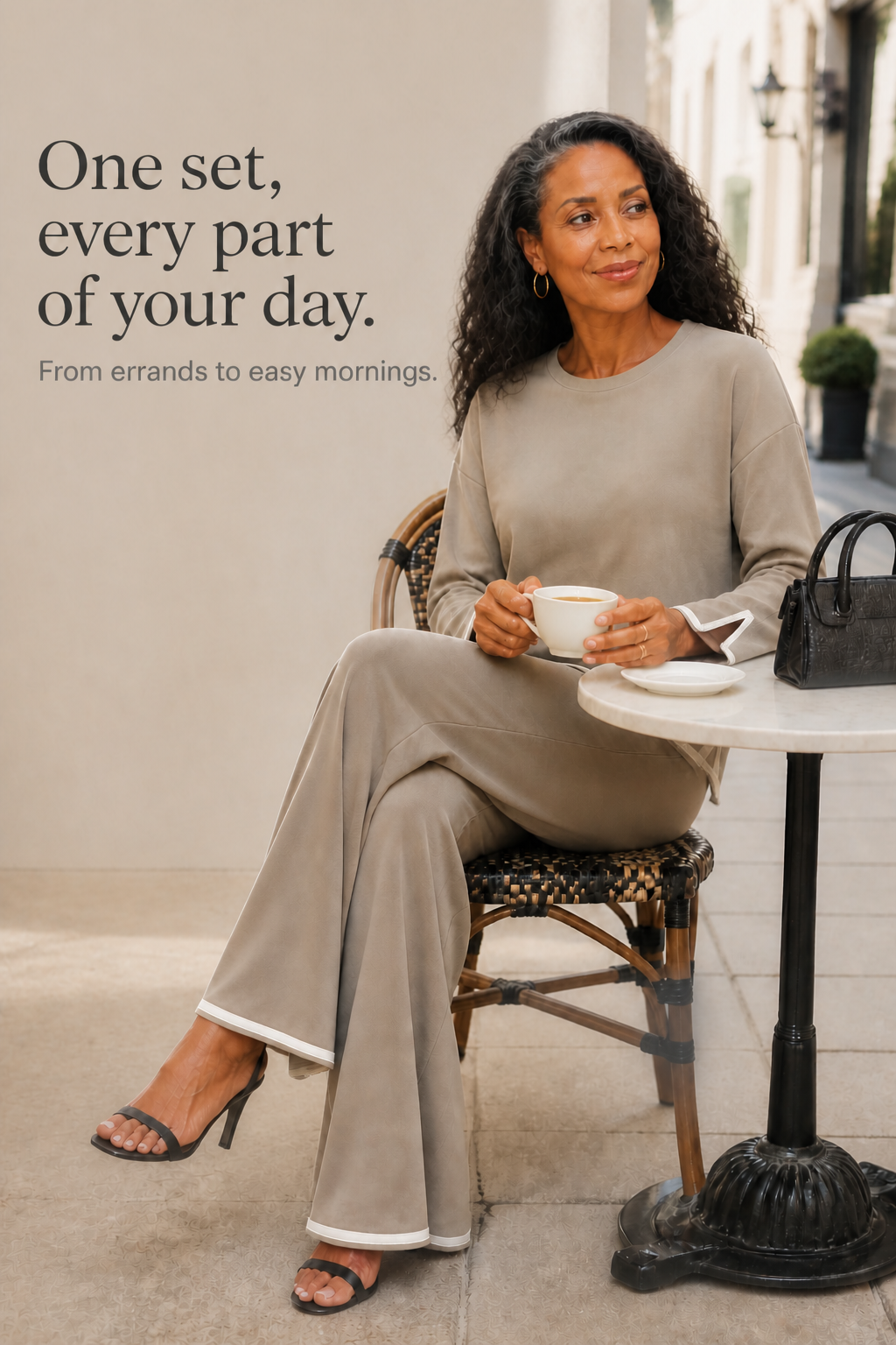 Setwell – Contrast-Trim Crewneck Top And Wide-Leg Pants Set