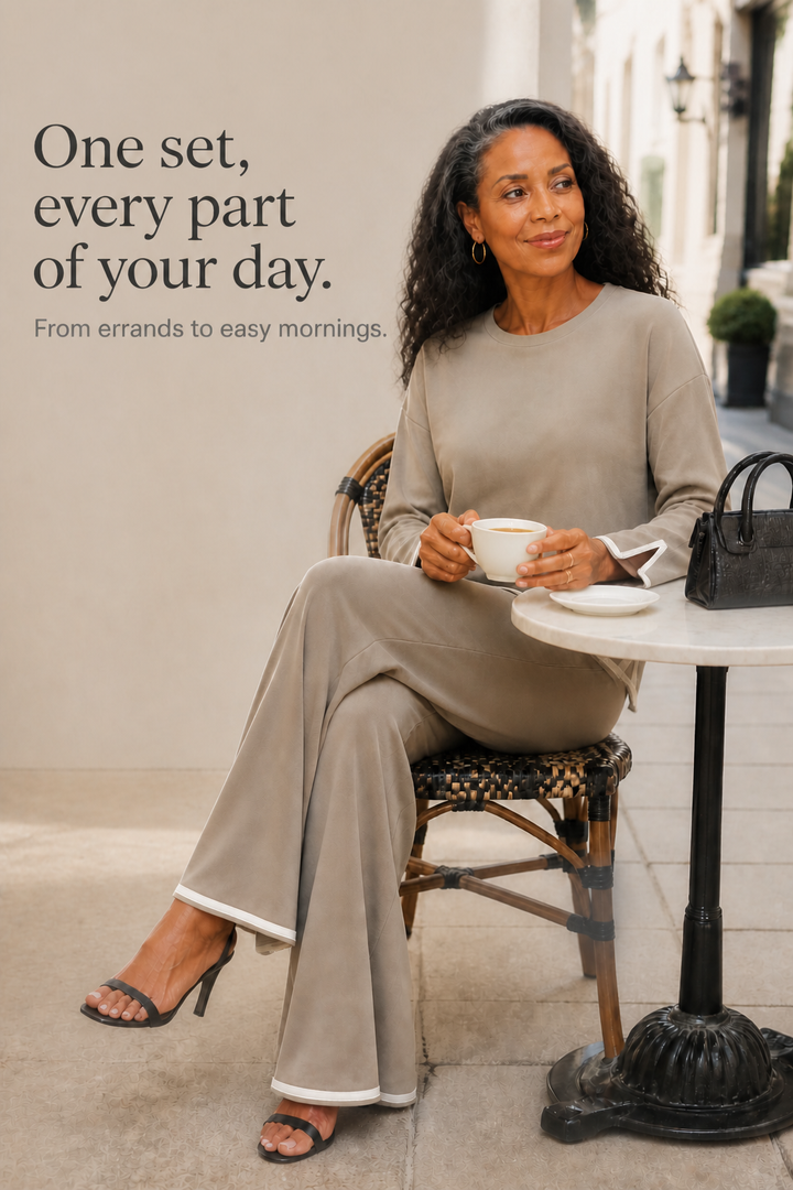 Setwell – Contrast-Trim Crewneck Top And Wide-Leg Pants Set