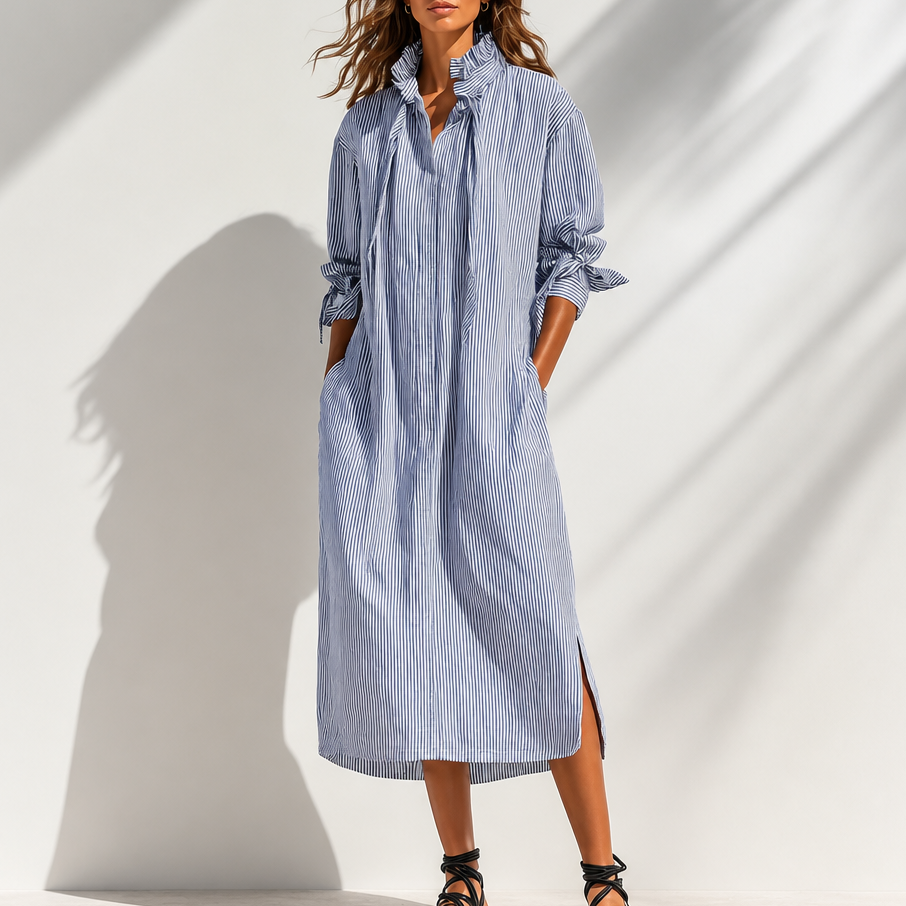 Verlyn – Striped Midi Dress That Reads Slim, Not Wide