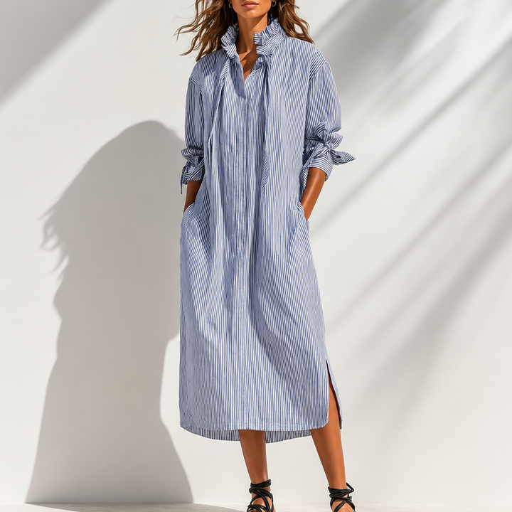 Verlyn – Striped Midi Dress That Reads Slim, Not Wide