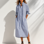Verlyn – Striped Midi Dress That Reads Slim, Not Wide