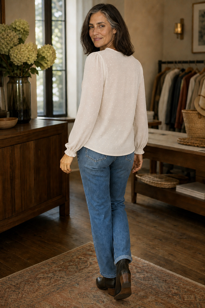 Lunavere – V-Neck Lace-Look Sleeve Long Sleeve Blouse