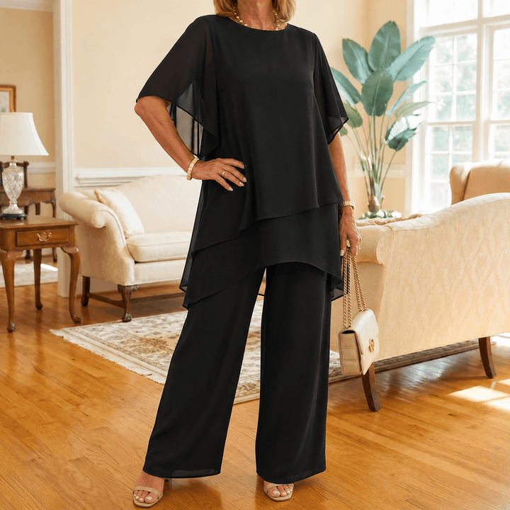 Graziella – Chiffon Two-Piece Set with Asymmetric Top Black / S