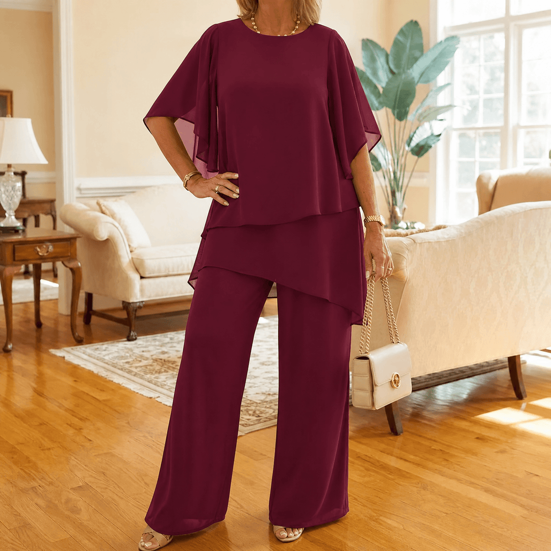 Graziella – Chiffon Two-Piece Set with Asymmetric Top Burgundy / S