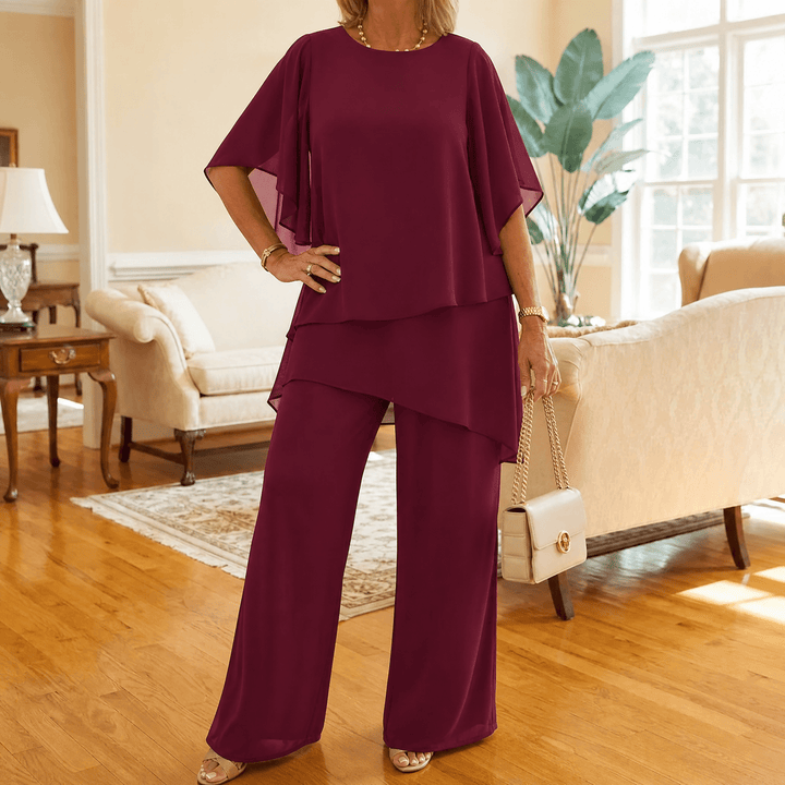 Graziella – Chiffon Two-Piece Set with Asymmetric Top Burgundy / S