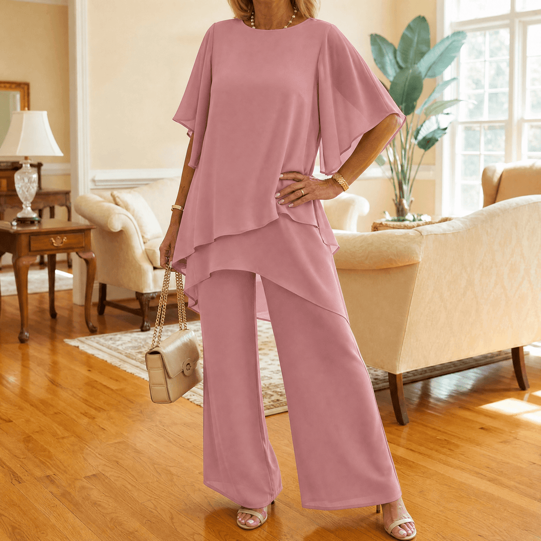 Graziella – Chiffon Two-Piece Set with Asymmetric Top Dusty Pink / S