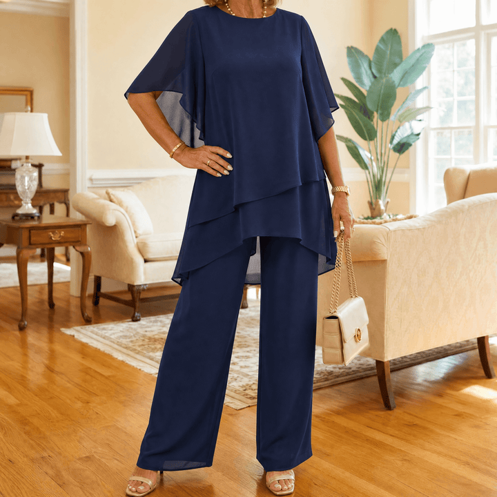 Graziella – Chiffon Two-Piece Set with Asymmetric Top Navy / S