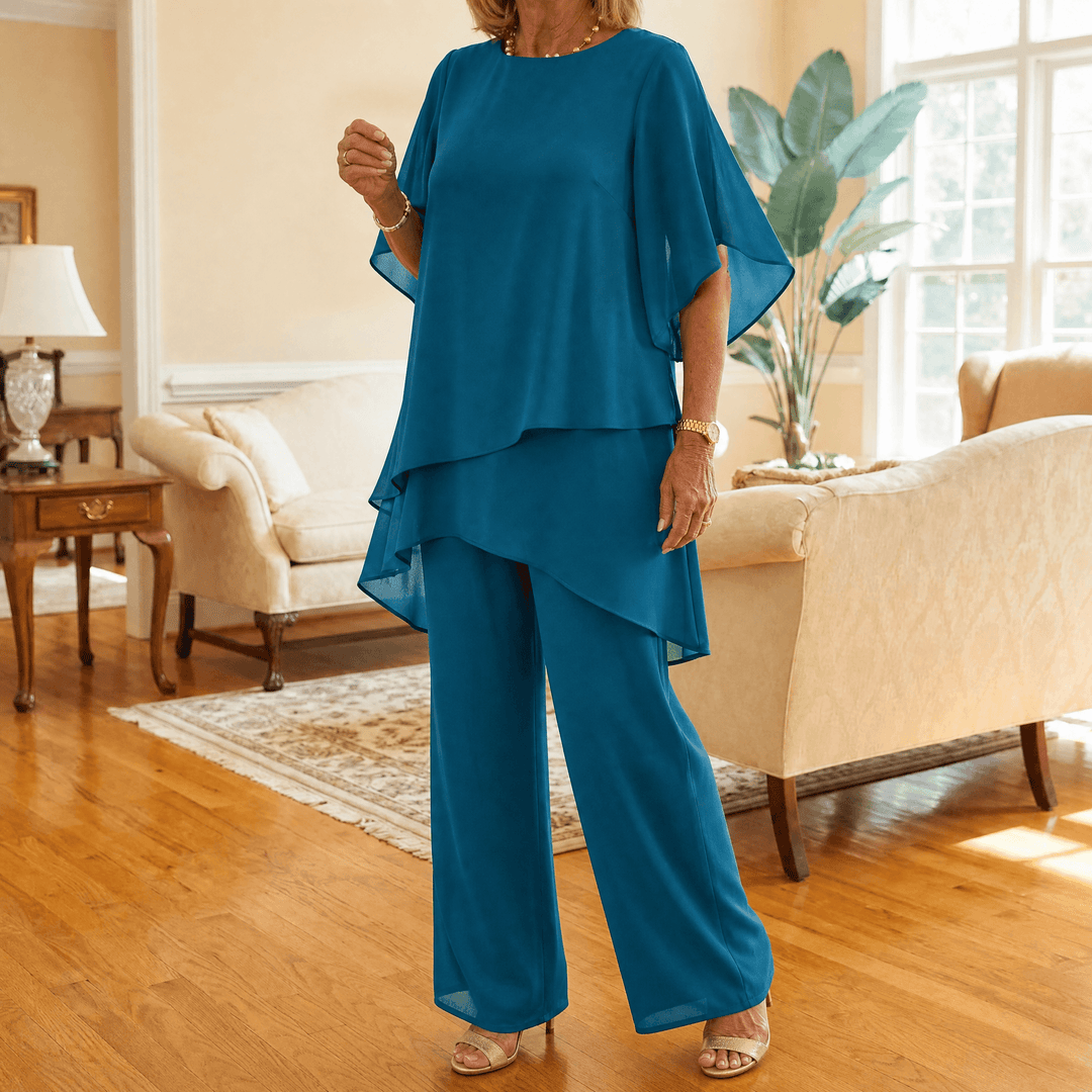 Graziella – Chiffon Two-Piece Set with Asymmetric Top Teal / S