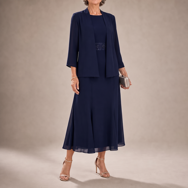 Elowen – Sleeveless Beaded-Waist Chiffon Dress With Jacket