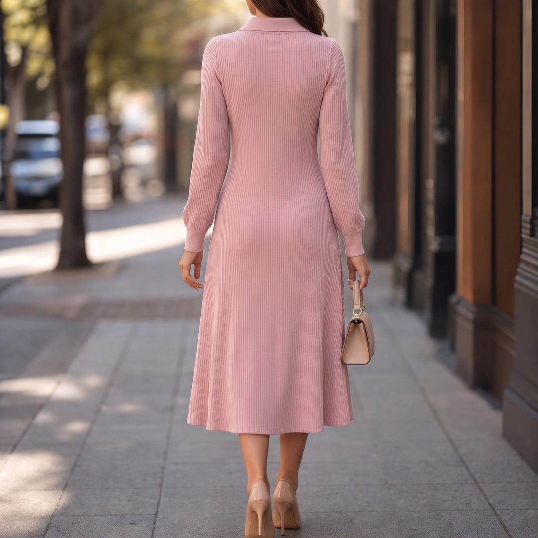 Lapella – Ribbed Knit Lapel Collar Midi Dress