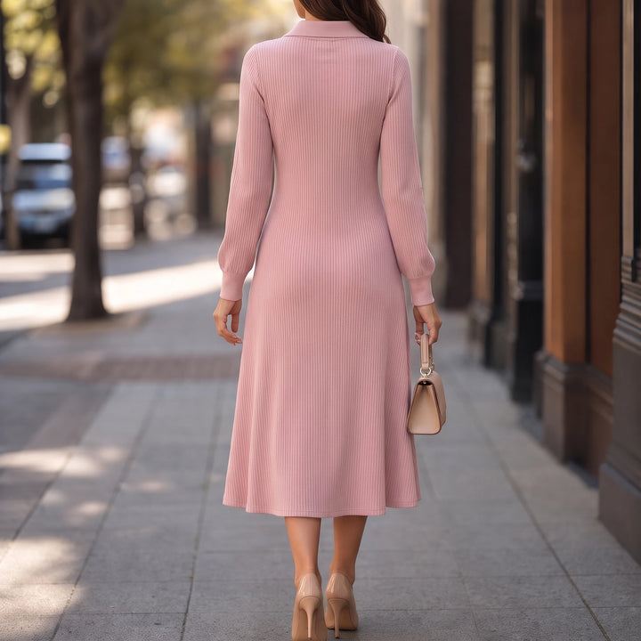Lapella – Ribbed Knit Lapel Collar Midi Dress