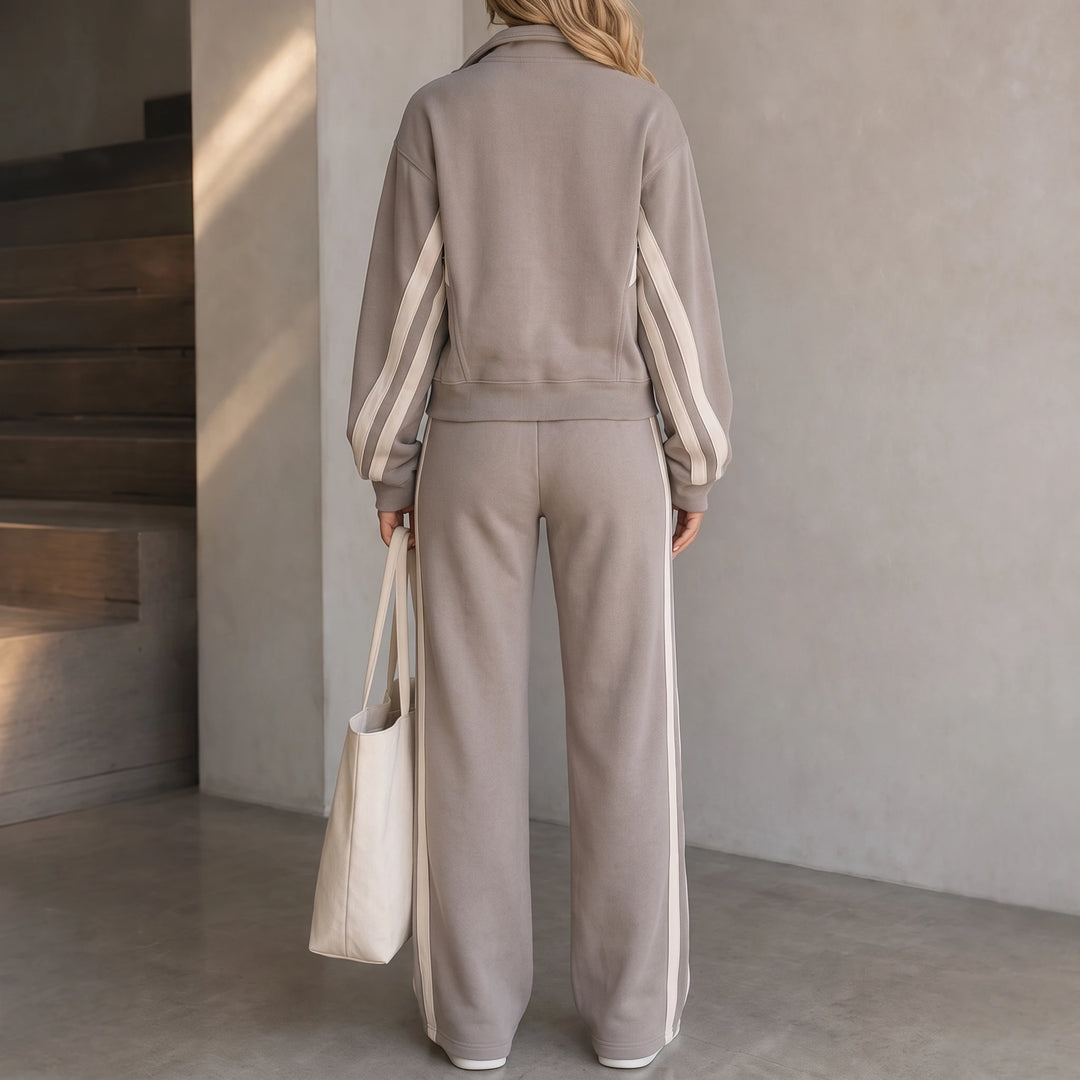 Stride & Set – Cream-Striped Sporty Two-Piece Set