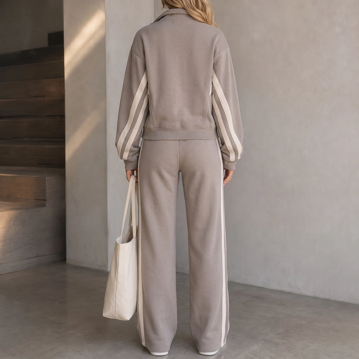 Stride & Set – Cream-Striped Sporty Two-Piece Set